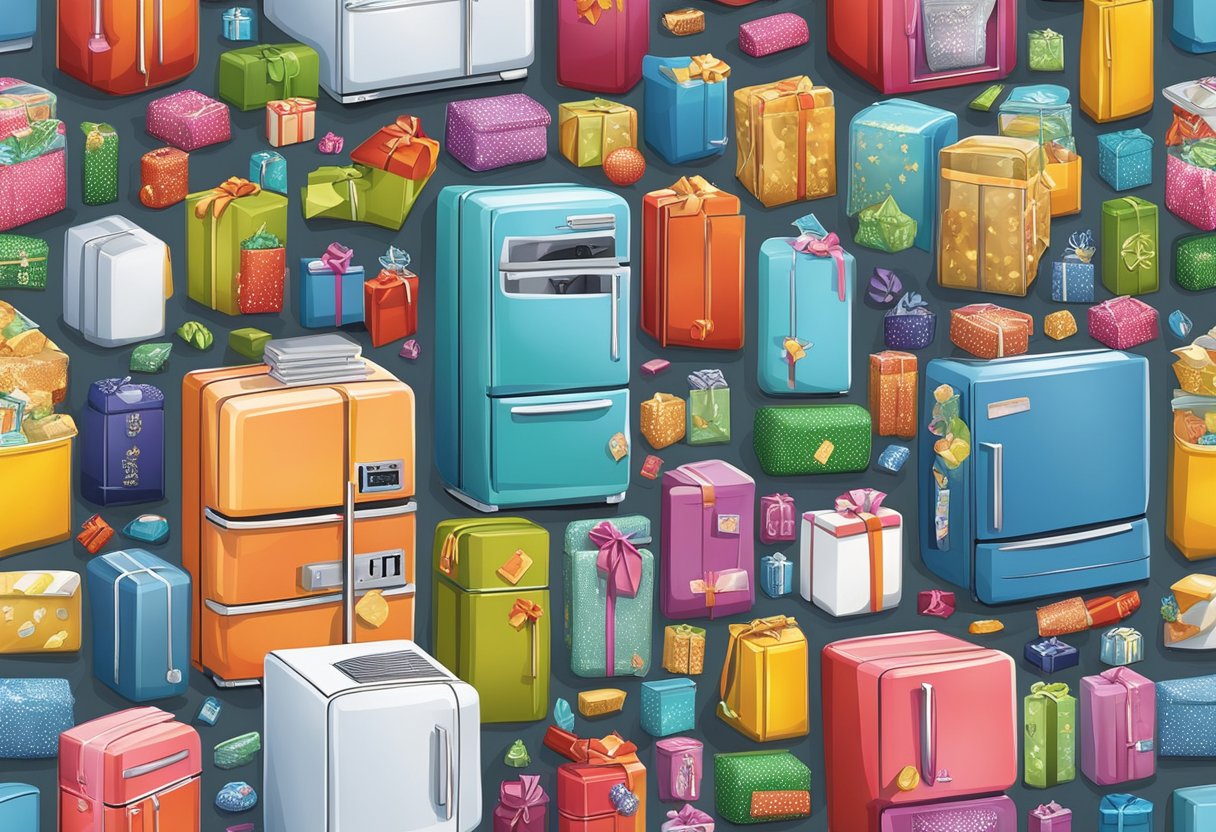 A fridge covered in corporate gifts fridge magnets