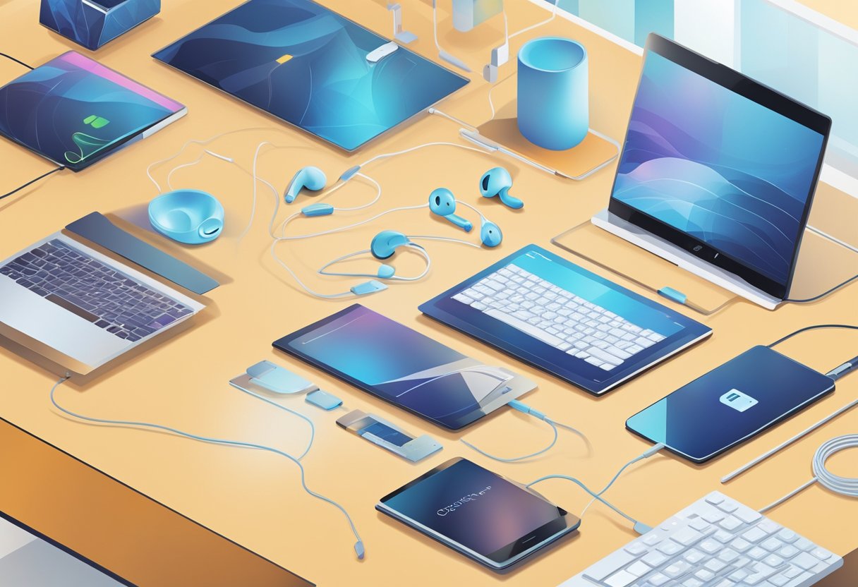 A hand reaches for a sleek pair of earphones from a display of corporate gifts. The earphones are neatly arranged and illuminated in a modern setting