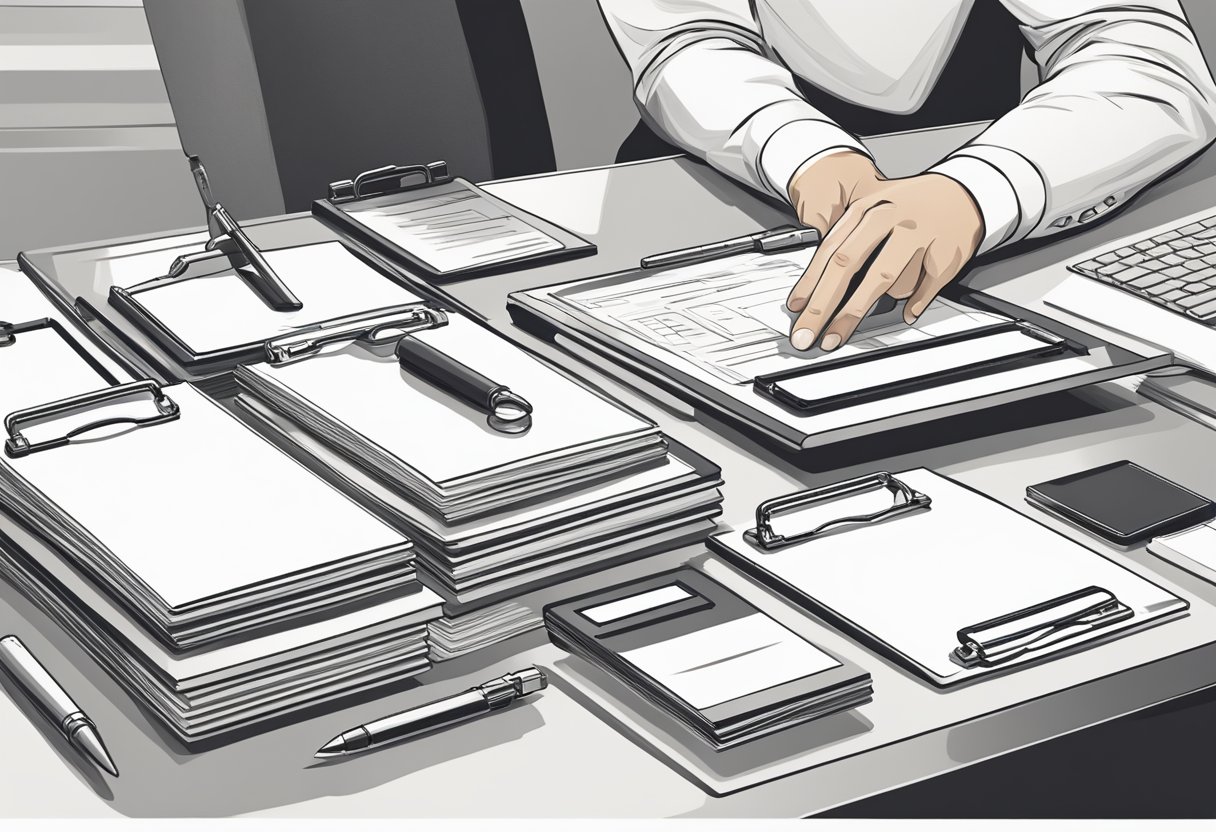 A hand reaches for a stack of sleek, branded clipboards on a polished desk, surrounded by elegant corporate gift options