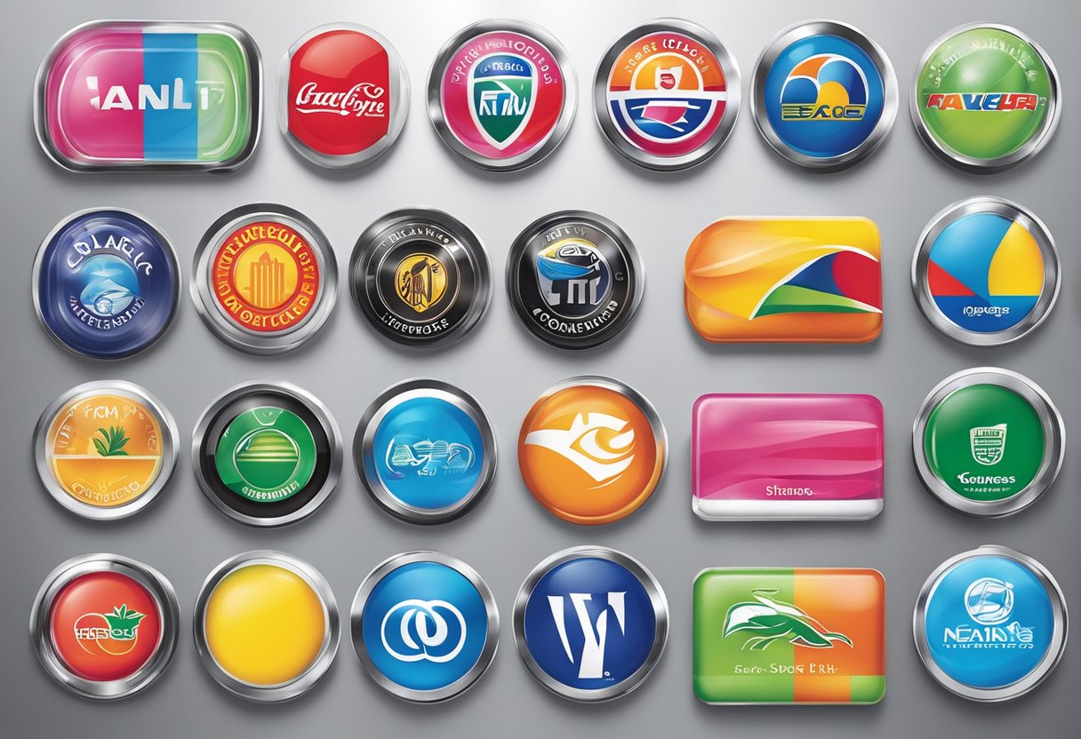 A colorful array of branded fridge magnets arranged on a sleek stainless steel refrigerator, showcasing a variety of corporate logos and designs