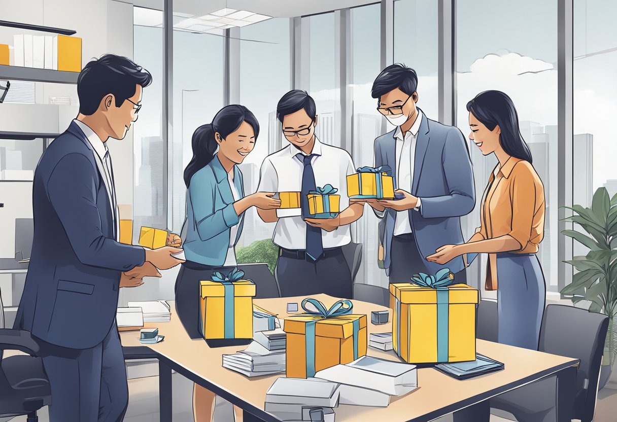 A group of professionals exchanging branded gifts in a modern office setting in Singapore