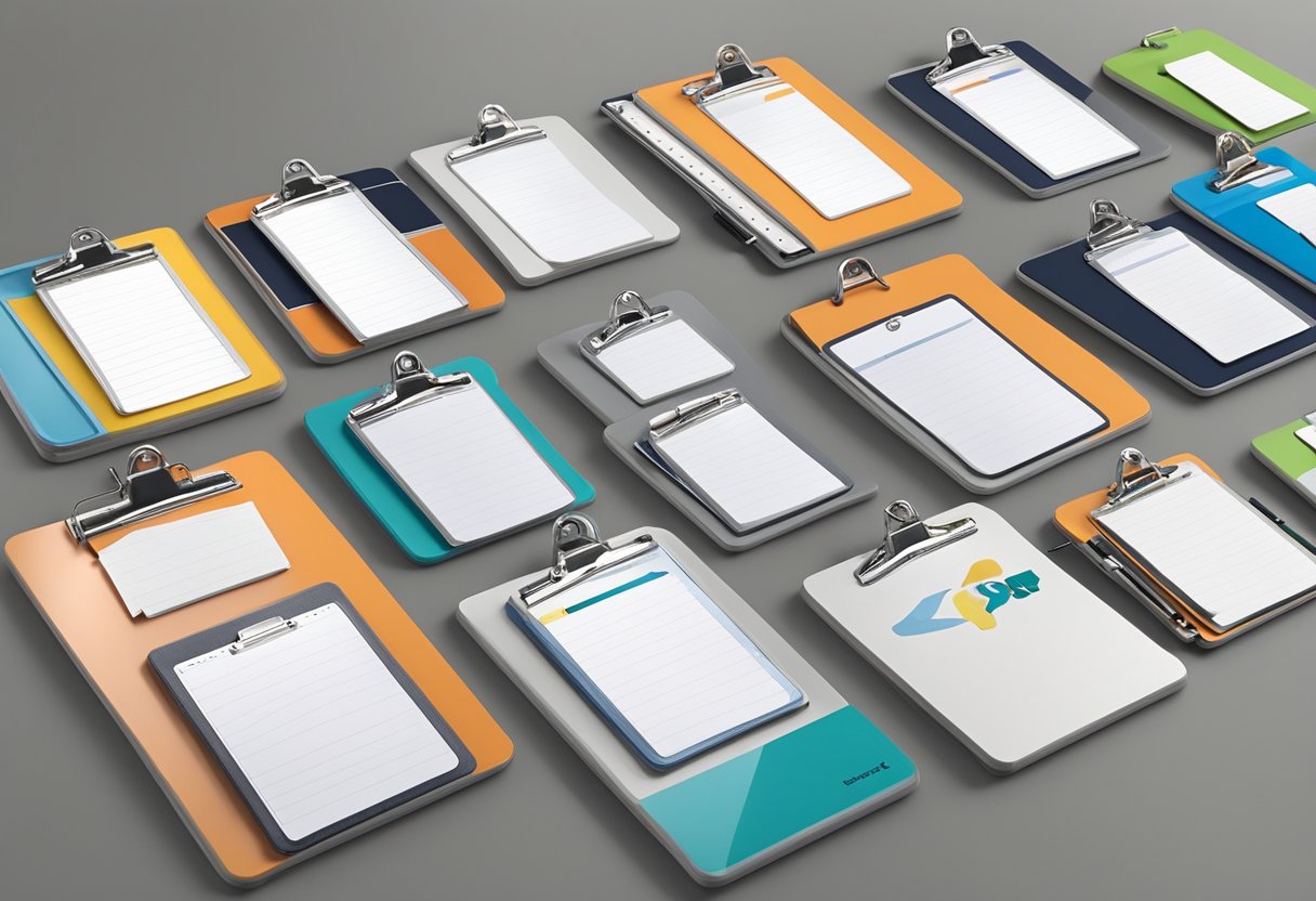 A group of branded clipboards arranged neatly on a desk, with logos and company colors prominently displayed