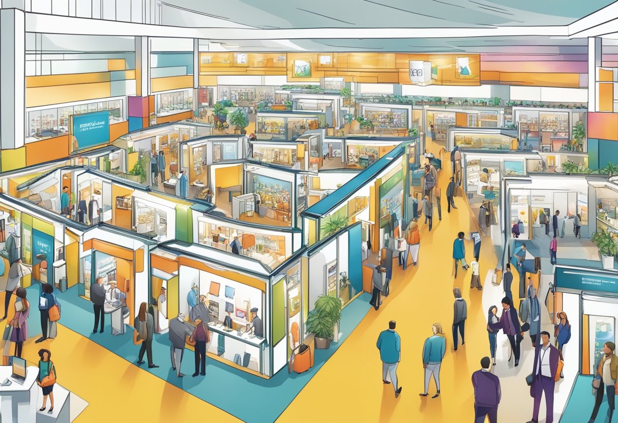A bustling trade show floor with vendors showcasing a variety of corporate gifting products, from luxury items to eco-friendly options. Brightly lit booths and enthusiastic sales representatives engage with potential clients