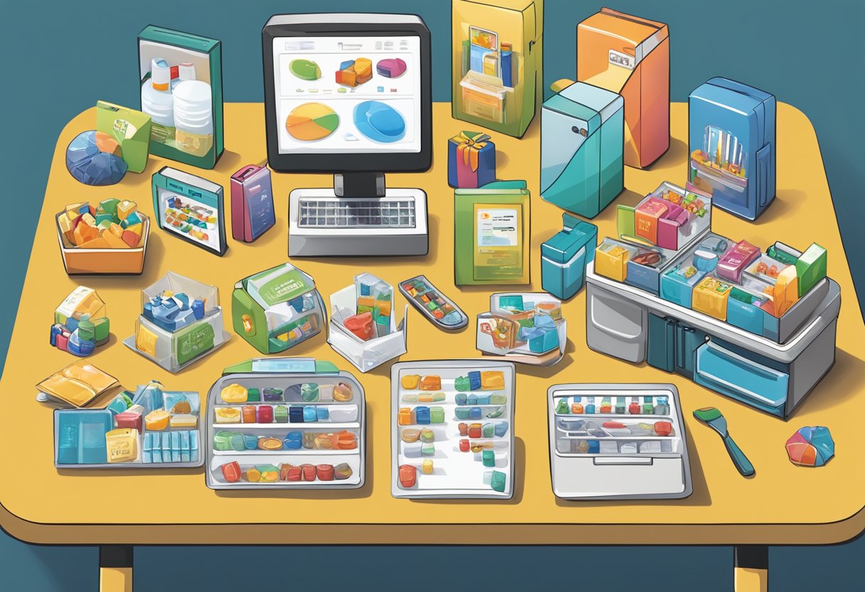 A table displaying various corporate gifts, including fridge magnets, with a diverse range of engagement and distribution strategies showcased