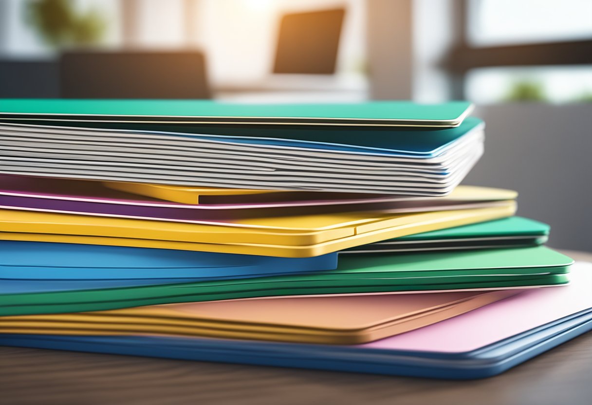 A stack of branded clipboards with "Frequently Asked Questions" printed on them, arranged neatly on a desk in a corporate setting