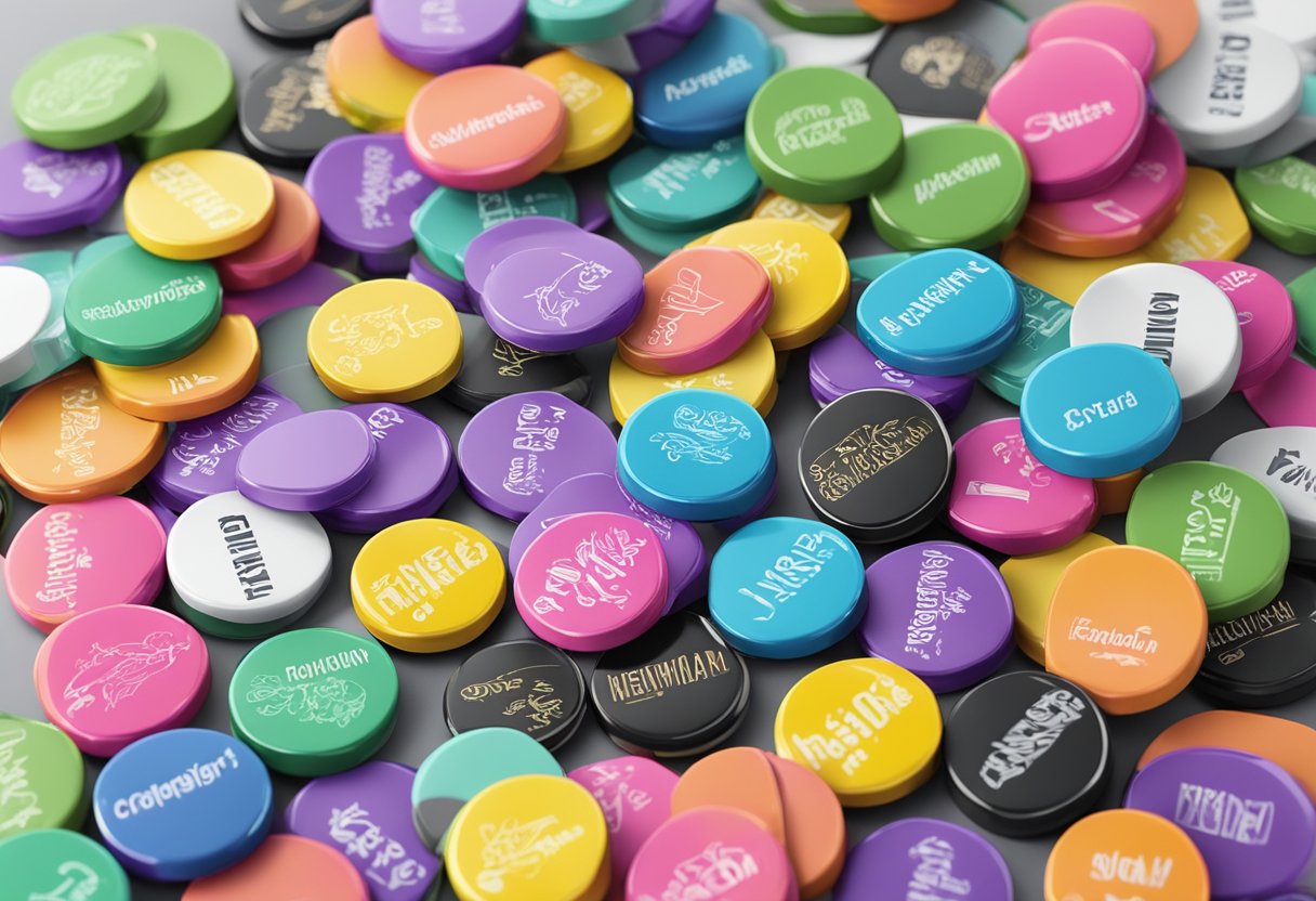 A stack of colorful fridge magnets with "Frequently Asked Questions" and "Corporate Gifts" printed on them, arranged on a clean, modern desk