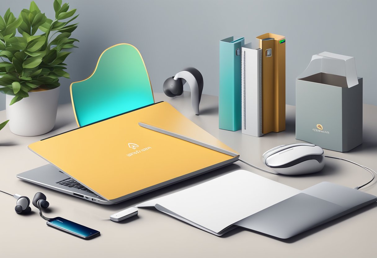 A desk with a laptop, branded earphones, and a gift box. Company logo visible. Clean and professional setting