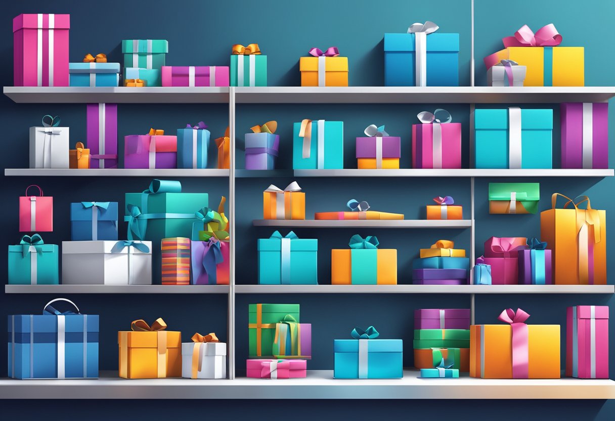 A diverse array of corporate gifts displayed on sleek, modern shelves with a backdrop of futuristic technology and vibrant colors