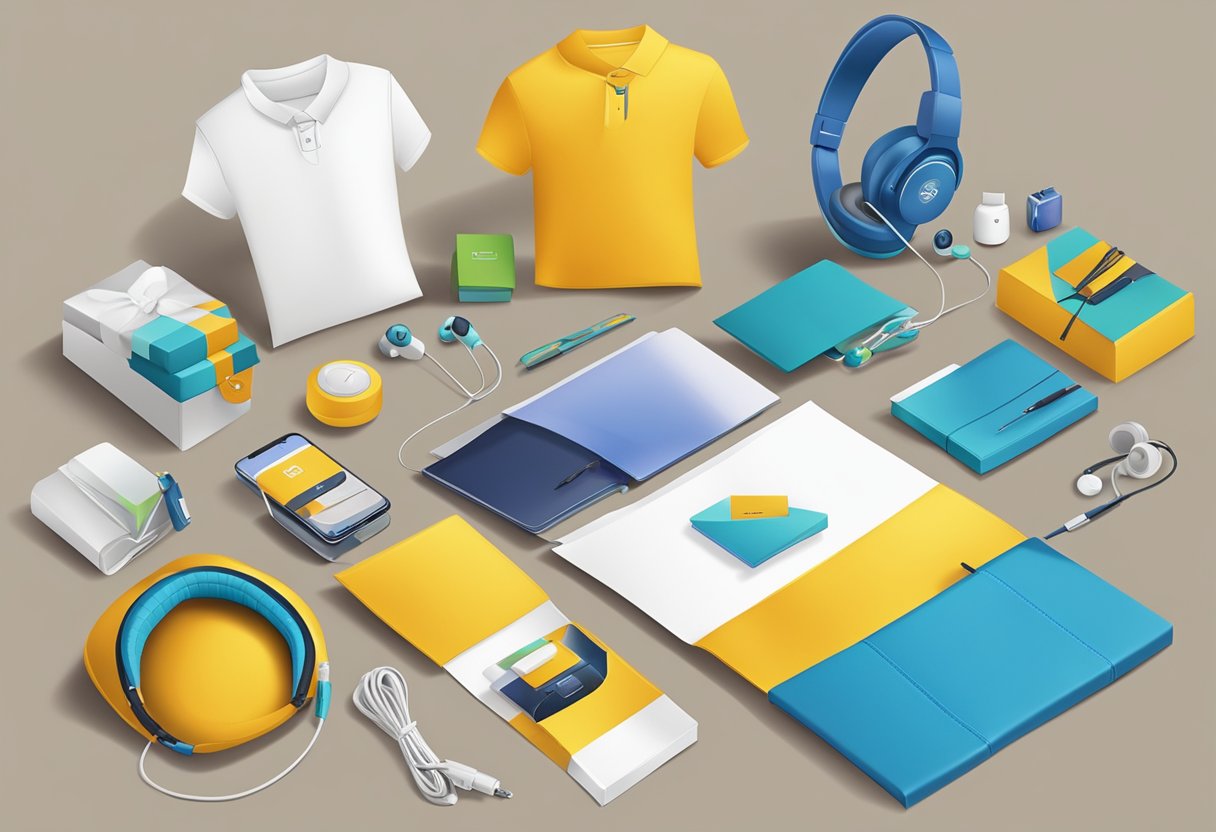 A table with various corporate gifts: branded earphones, gift boxes, and promotional materials