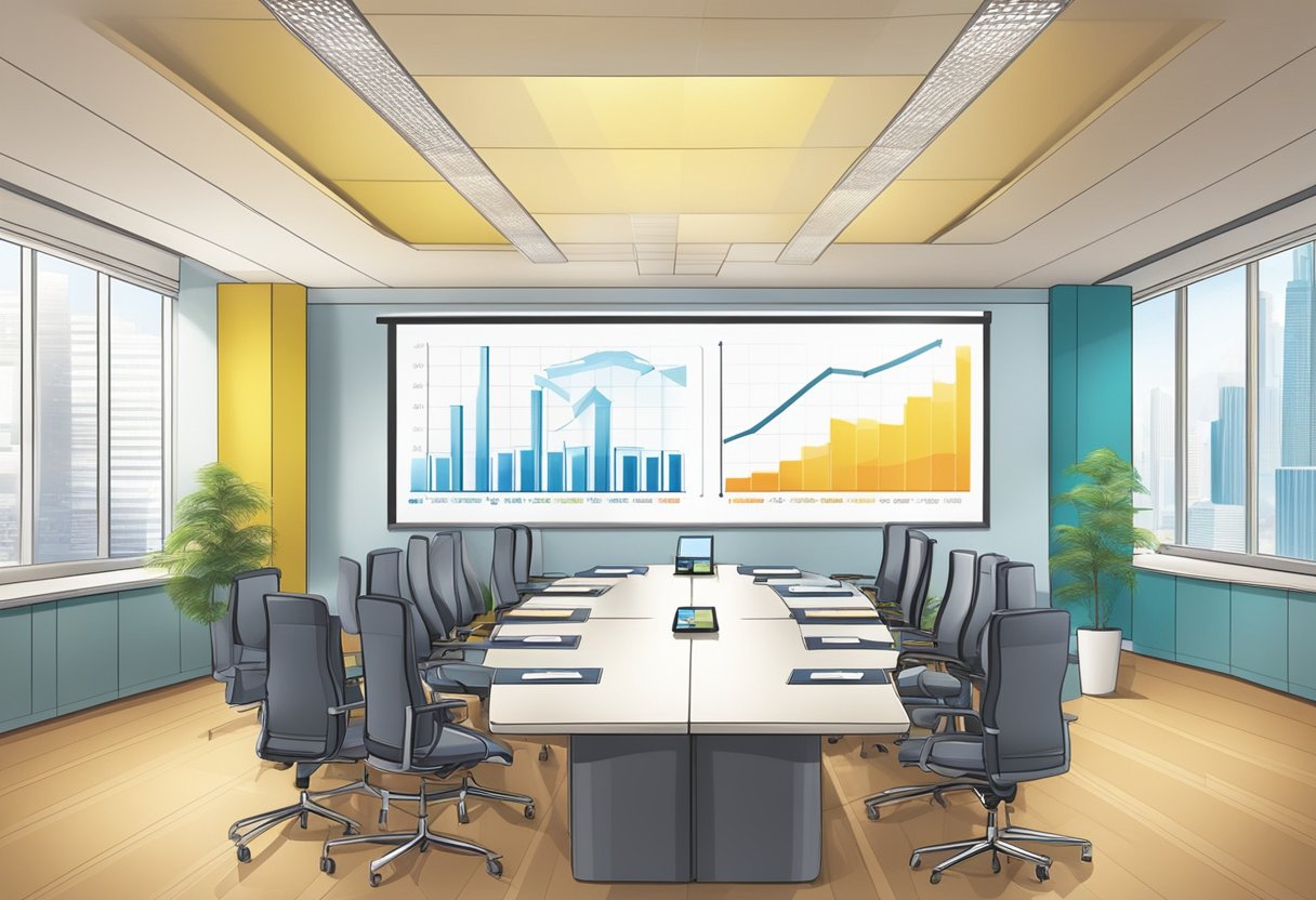 A conference room with a table filled with corporate gift baskets and a presentation screen displaying industry trend graphs