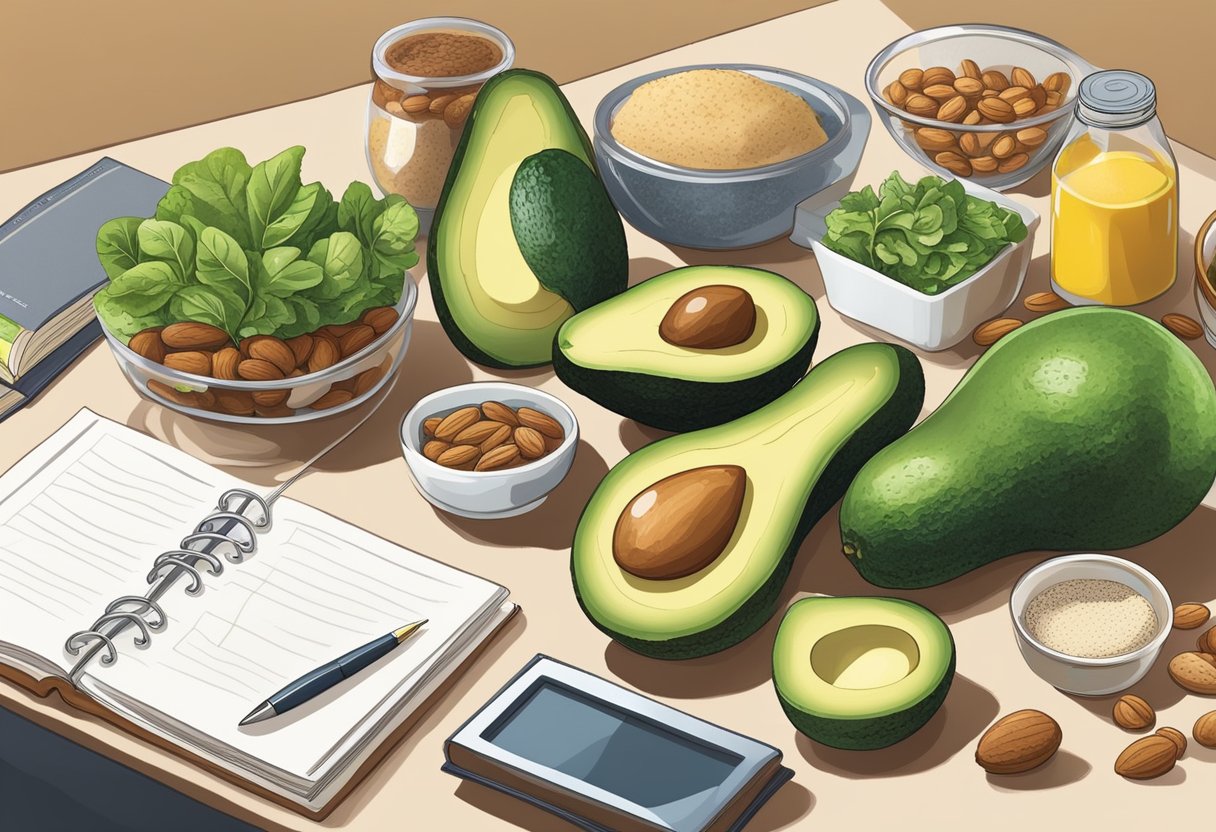A table set with a variety of low-carb, high-fat foods, such as avocados, nuts, and leafy greens. A scale and measuring tape nearby. A book on the ketogenic diet open to a page about meal planning