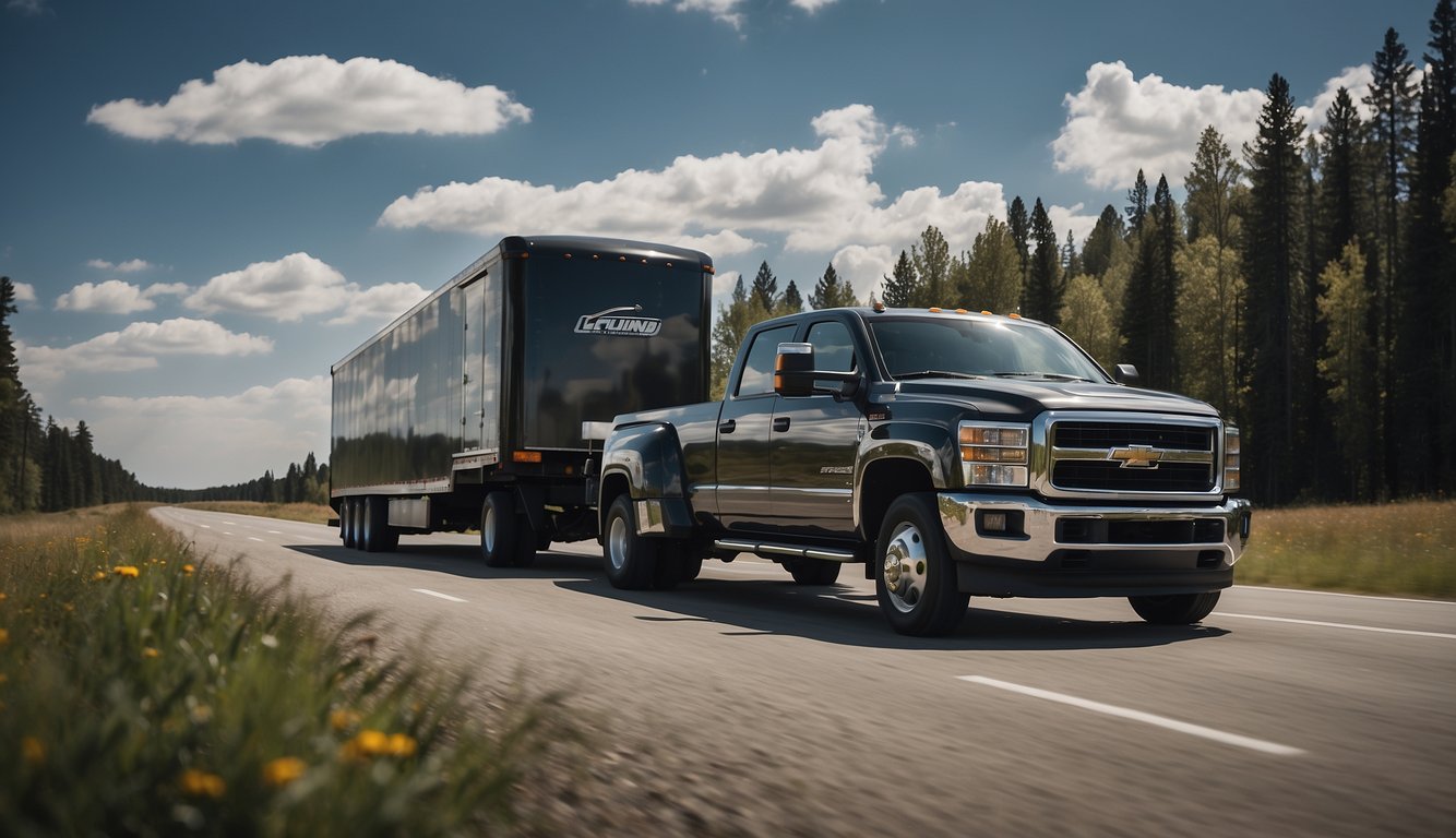 A truck with a leveling kit hitched to a trailer, towing a heavy load on a flat road