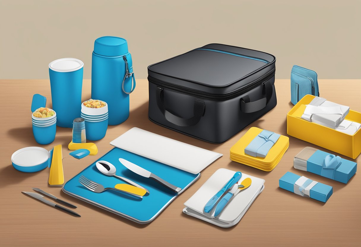 A branded lunch box sits on a conference table surrounded by corporate gifts and promotional items