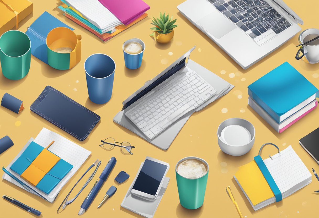A table scattered with branded tumblers, surrounded by office supplies and a stack of gift boxes