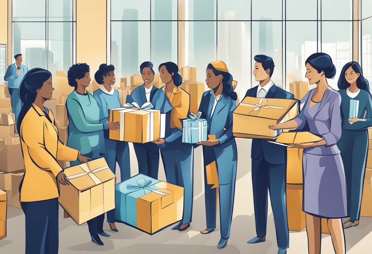 A group of corporate gifts being distributed to various community organizations, symbolizing the company's commitment to social responsibility