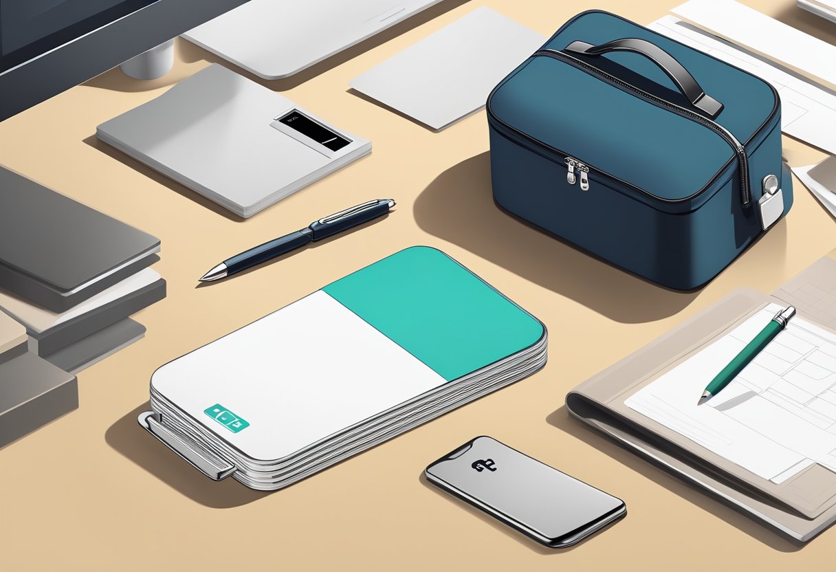 A sleek, branded lunch box sits on a modern office desk, surrounded by a stack of business cards and a stylish pen set