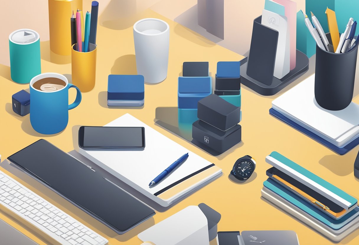 A hand reaches for a sleek tumbler among an array of corporate gifts on a display table. The tumbler is branded with the company logo, and other items include pens, notebooks, and tech accessories