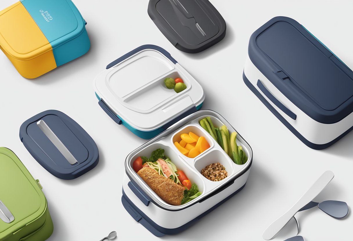 A sleek, modern lunch box with various customisation and branding options displayed on a clean, white tabletop