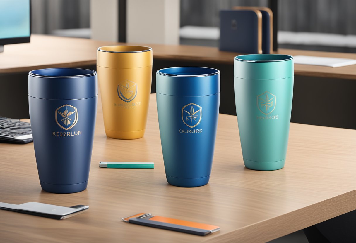 Customized tumblers arranged on a sleek, modern desk with a logo prominently displayed. A professional setting with branded gifts for clients or employees