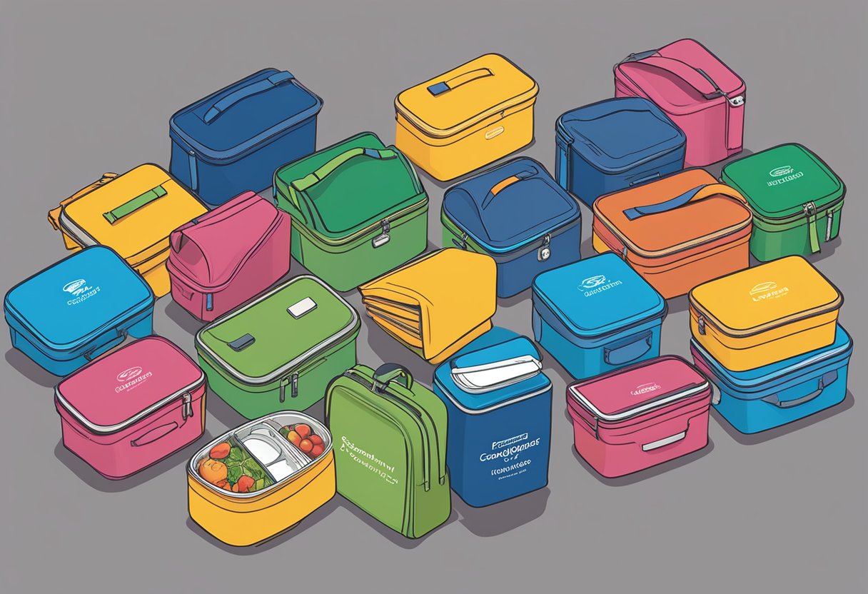 A stack of branded lunch boxes arranged neatly on a conference table, with a sign reading "Frequently Asked Questions corporate gifts" displayed prominently