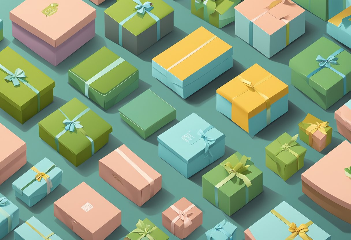 A company logo on a gift box, surrounded by eco-friendly packaging and a note emphasizing social responsibility