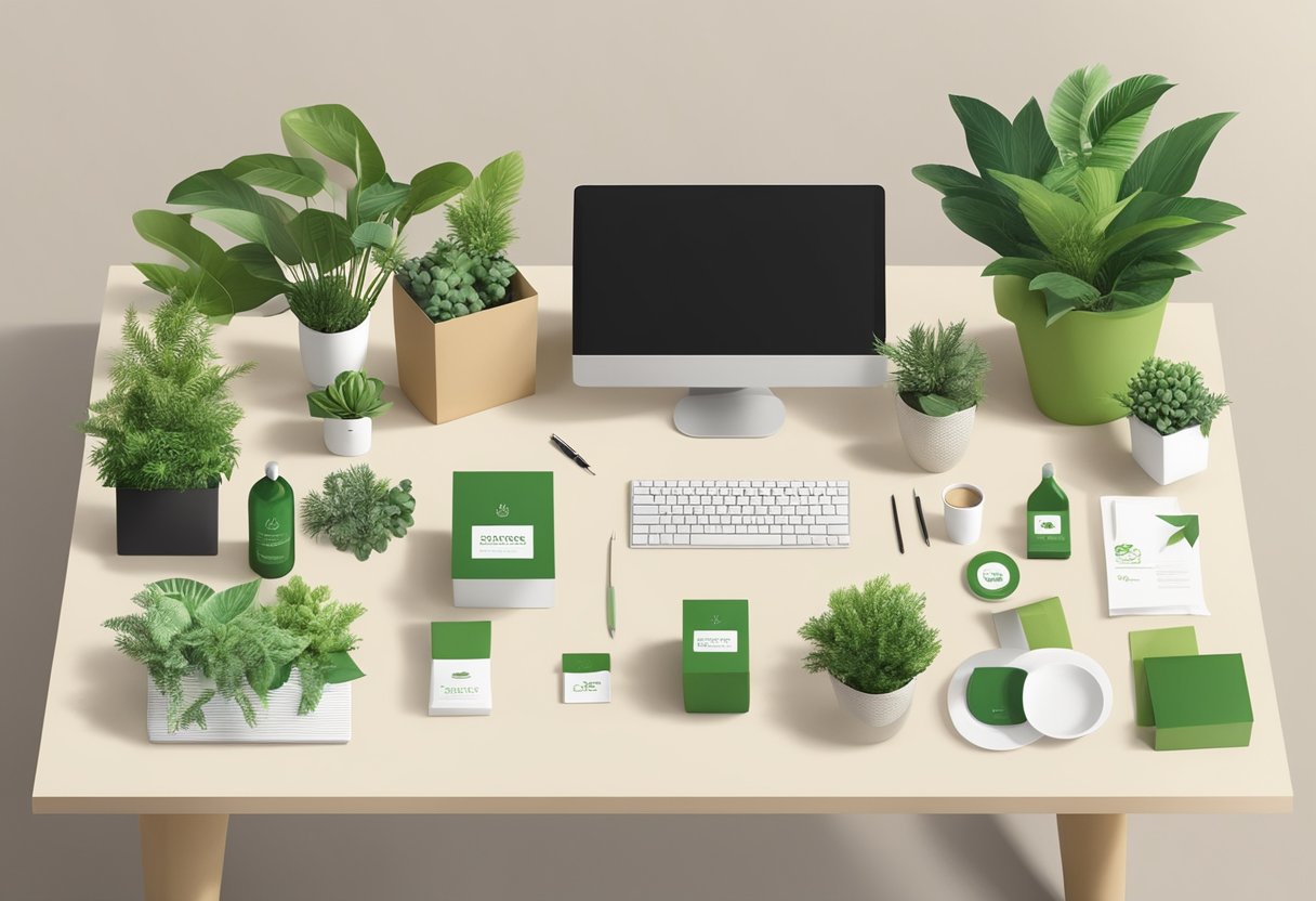 A table adorned with eco-friendly corporate gifts, surrounded by green plants and sustainable packaging