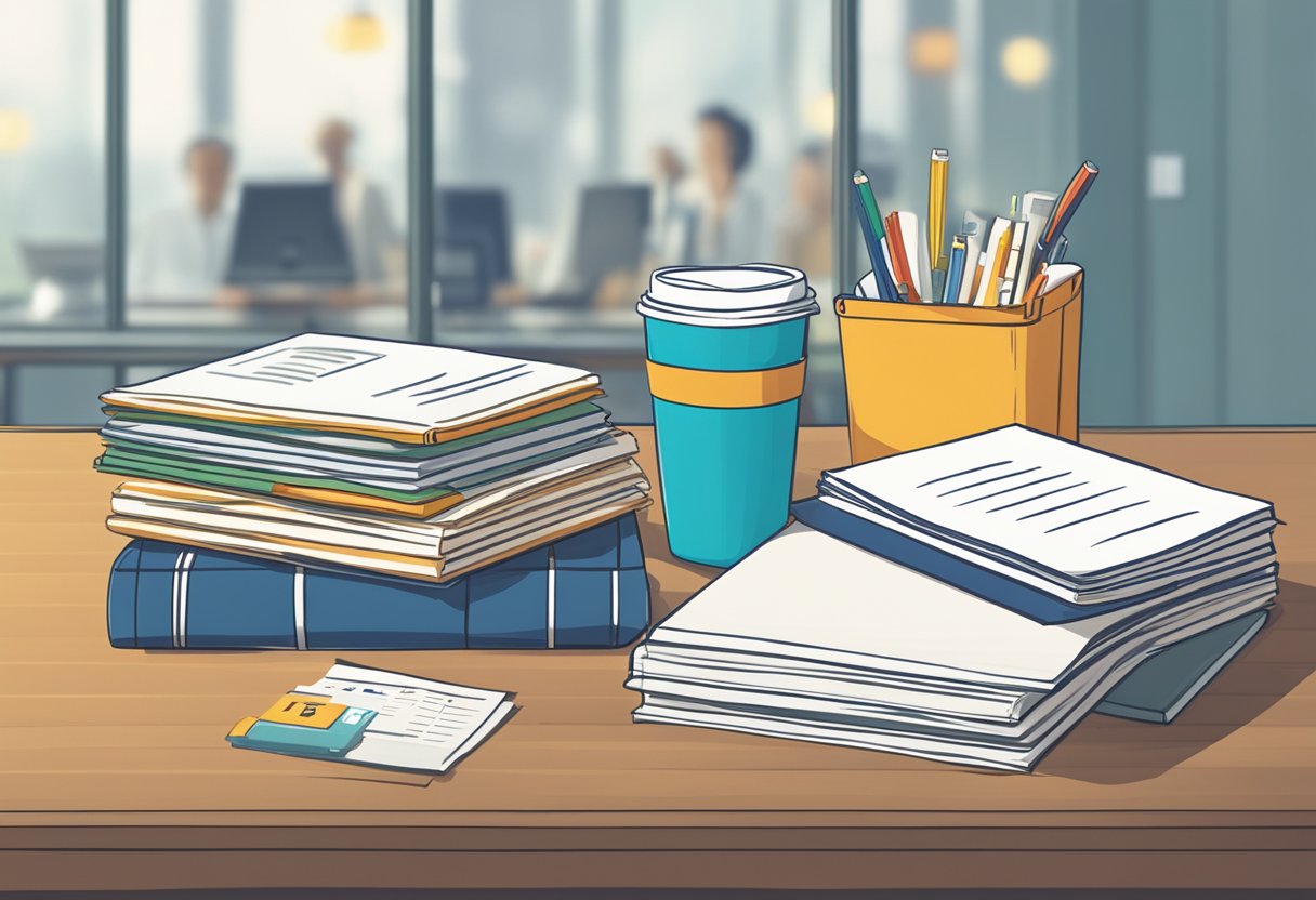 A table with various tumblers and a sign reading "Frequently Asked Questions about corporate gifts" next to a stack of pamphlets