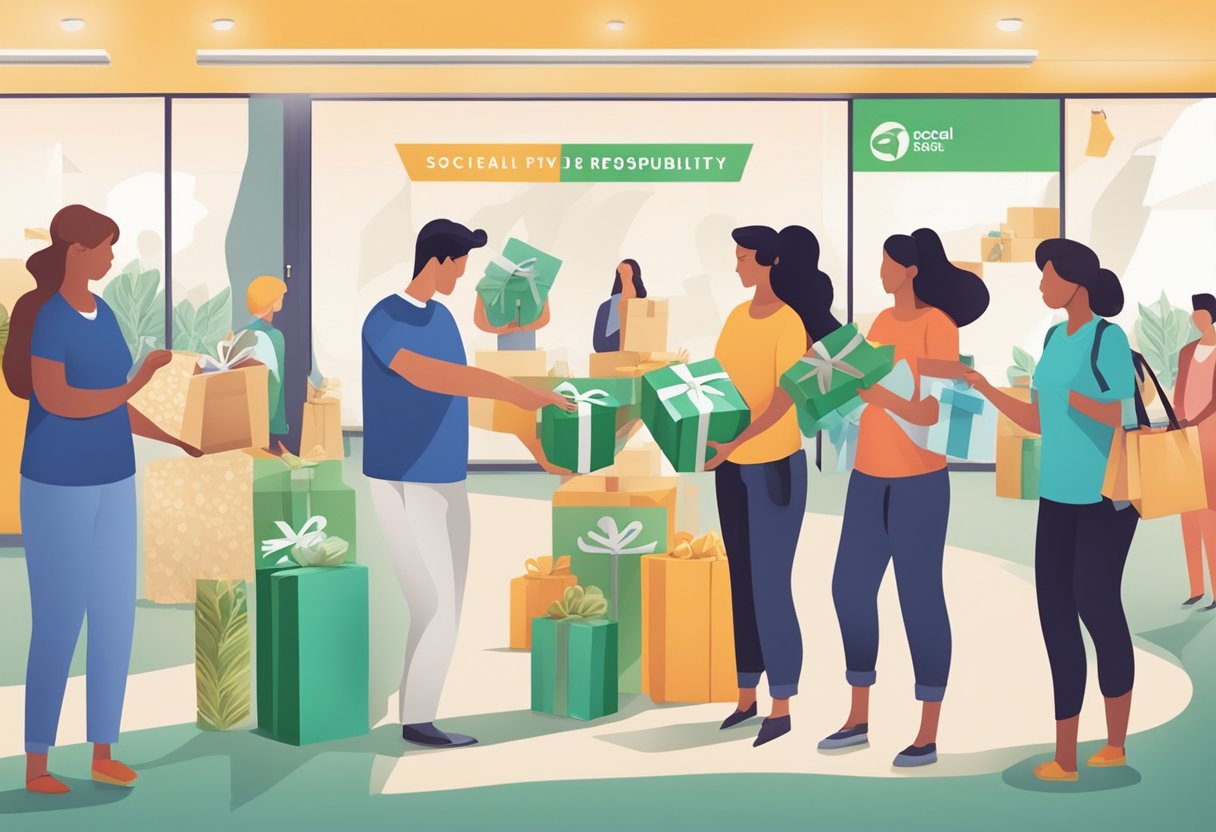 A group of people receiving branded gifts with eco-friendly packaging, while a banner promoting social responsibility hangs in the background