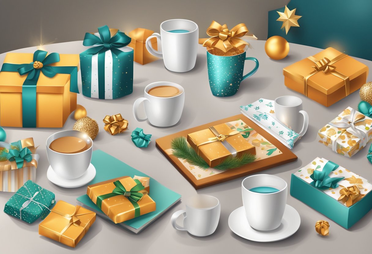 A festive table with branded gifts: mugs, notebooks, and gift baskets. A backdrop of a corporate office with holiday decorations