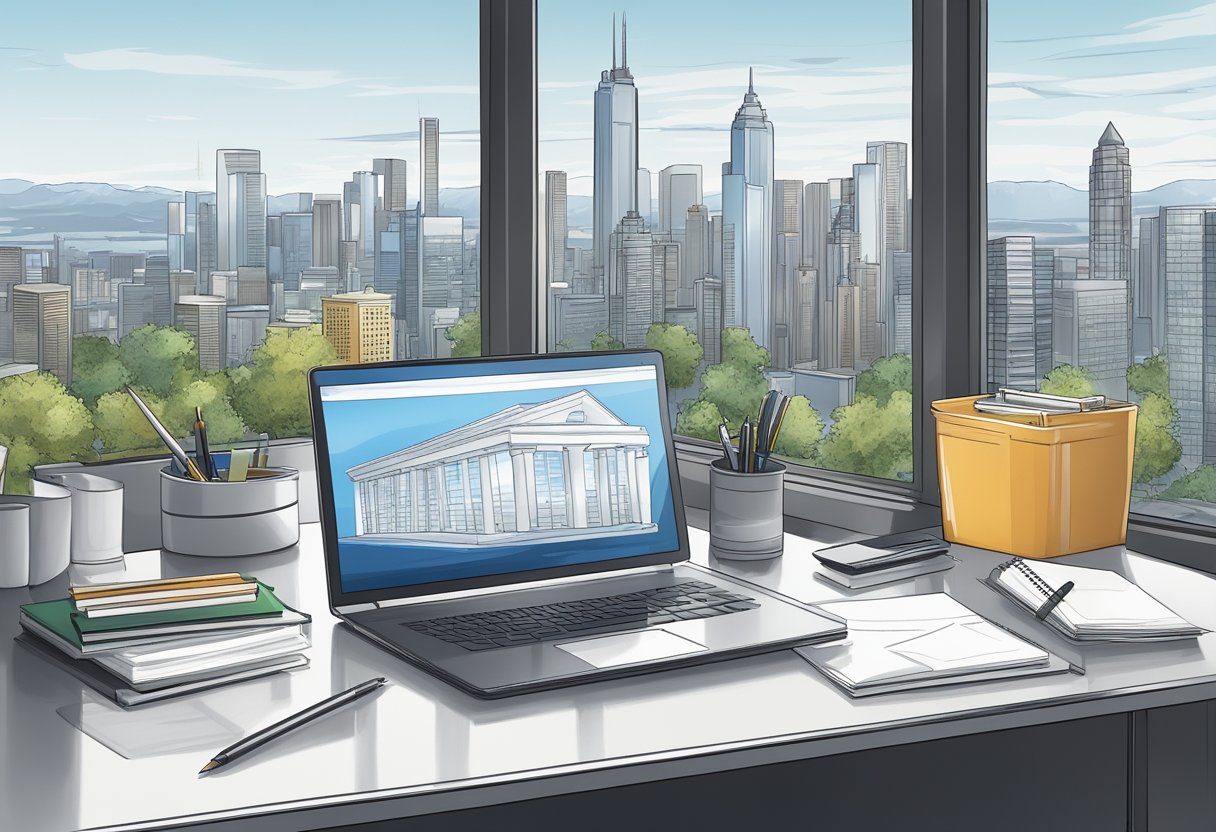 A corporate pen resting on a sleek desk, surrounded by office supplies and a laptop, with a city skyline visible through a window