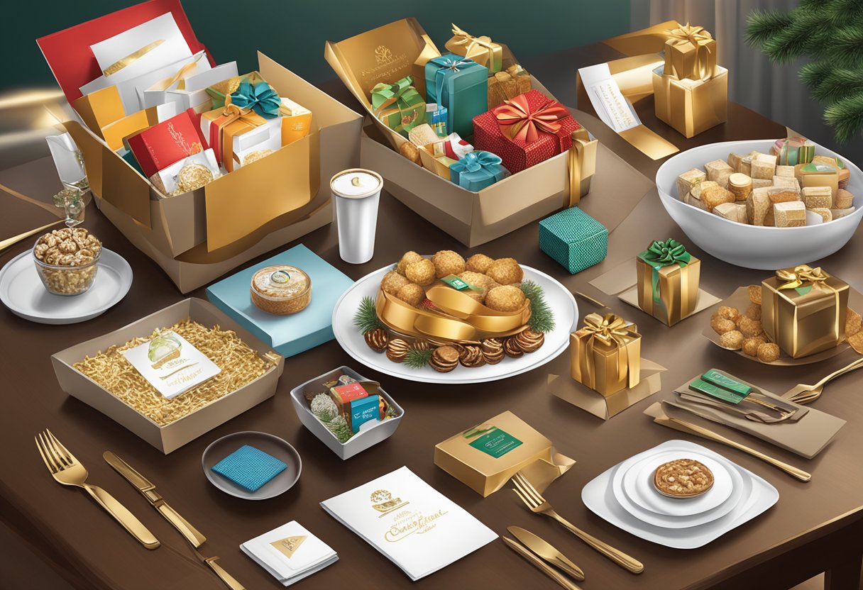 A table adorned with various corporate holiday gift options, including branded items, gourmet gift baskets, and elegant office accessories