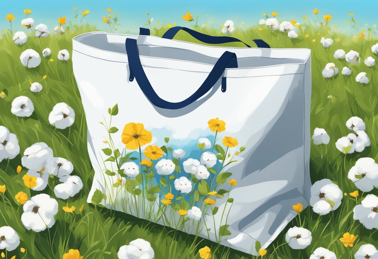 A cotton recycle bag sits on a grassy field, surrounded by blooming flowers and a clear blue sky above