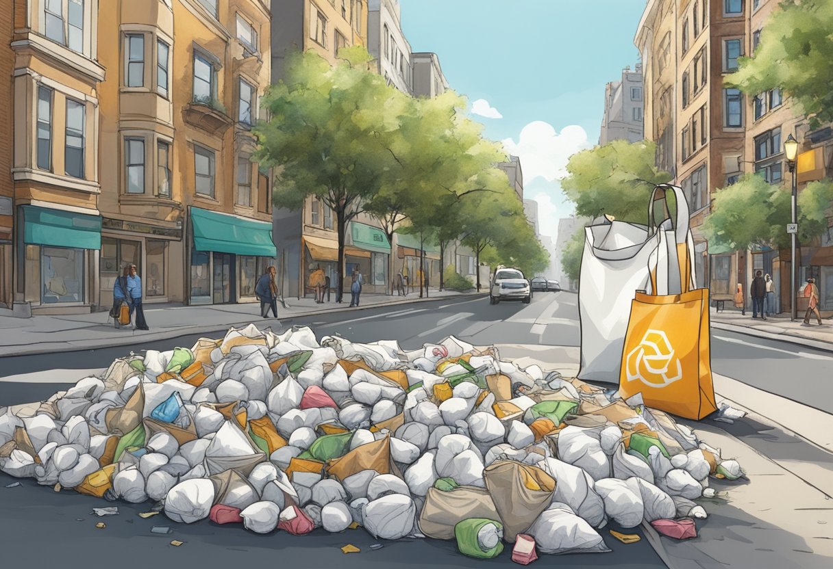 A cotton recycle bag sits prominently on a bustling city street, surrounded by discarded plastic bags and trash. The sun shines down, highlighting the eco-friendly alternative