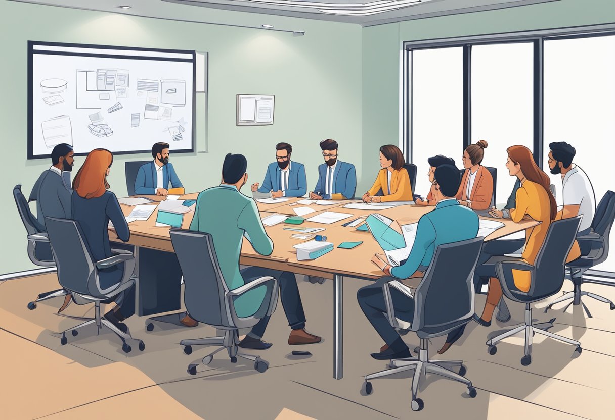 A group of professionals brainstorming corporate gift ideas in a boardroom with a whiteboard and various gift samples spread out on the table