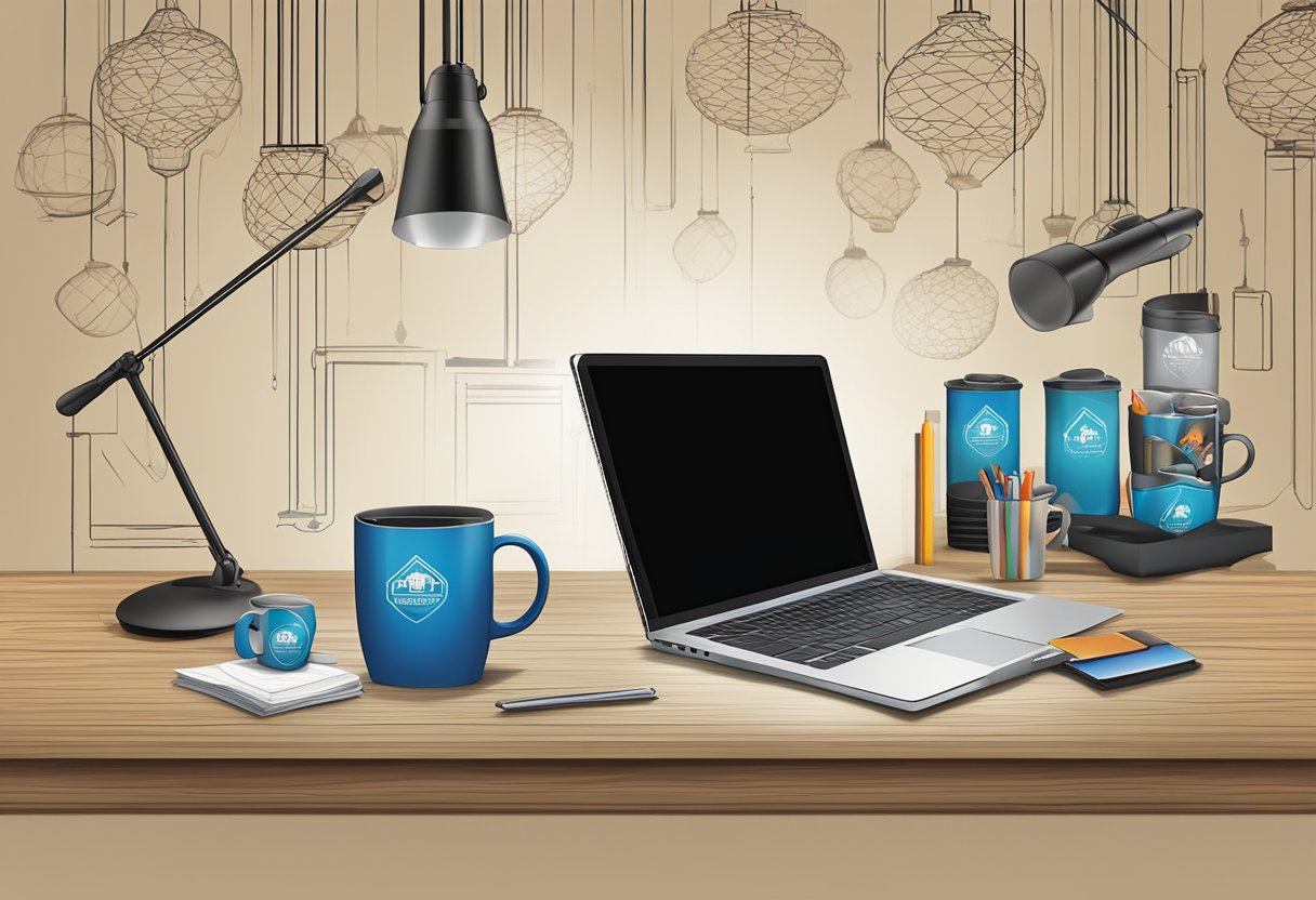 A table displays branded merchandise like mugs, notebooks, and tech accessories. A festive backdrop and corporate logos add a professional touch