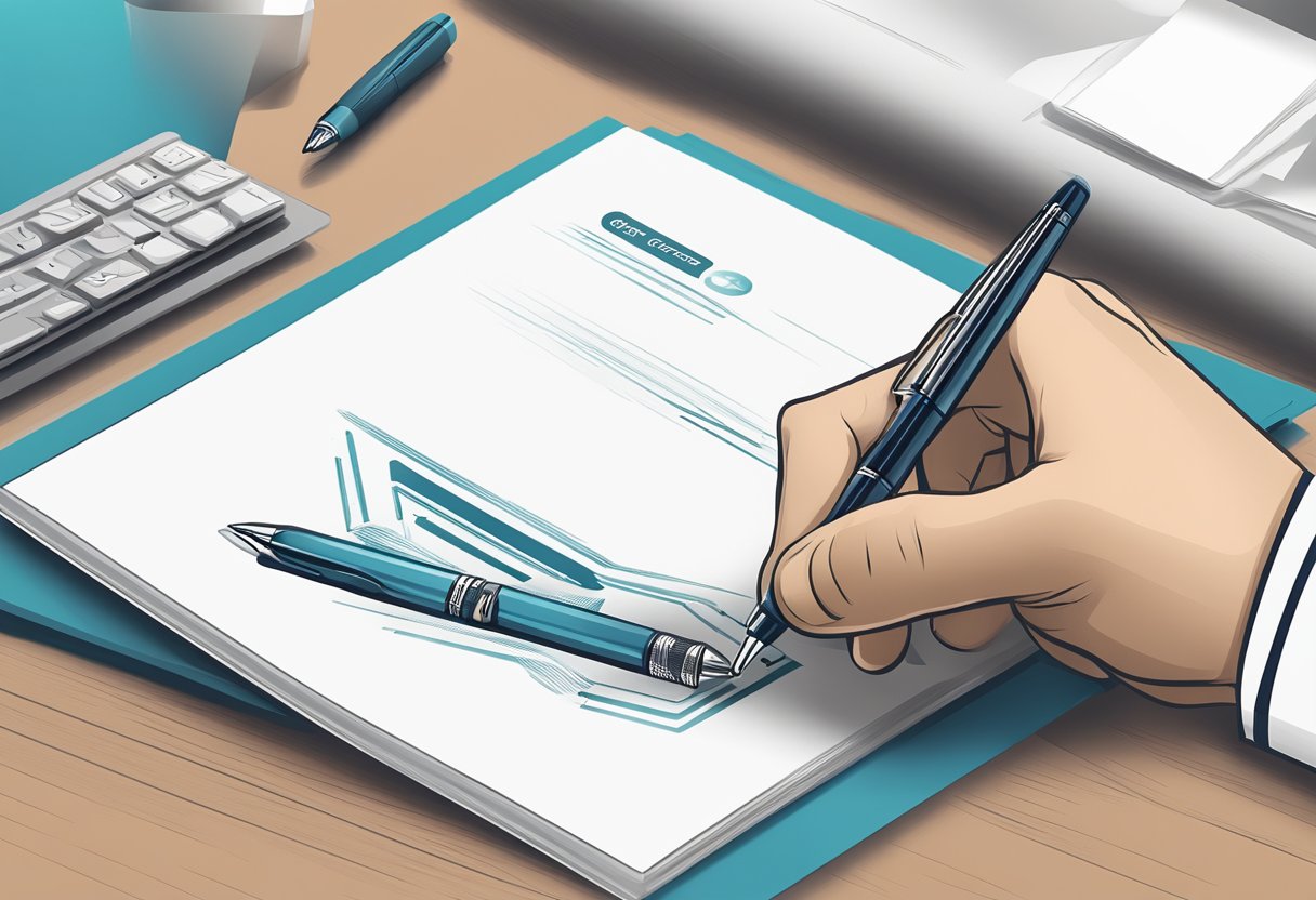 A hand reaches for a sleek corporate pen on a desk, with a branded logo and professional design