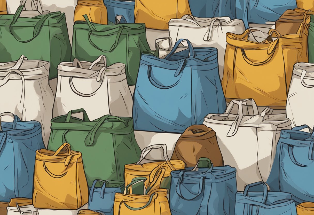 A pile of recycled cotton bags stacked neatly, with various sizes and designs, showcasing their versatility for shopping, carrying items, and promoting sustainability