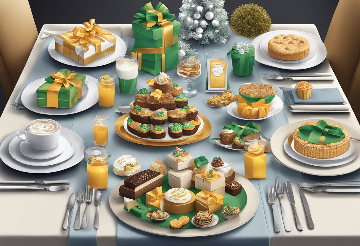 A festive table with a variety of corporate gift options displayed, including branded items, gourmet treats, and personalized gift sets