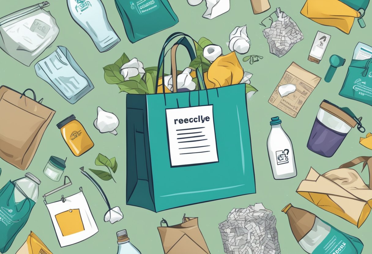 A cotton recycle bag with "Frequently Asked Questions" text, surrounded by various recyclable items like paper, plastic, and glass