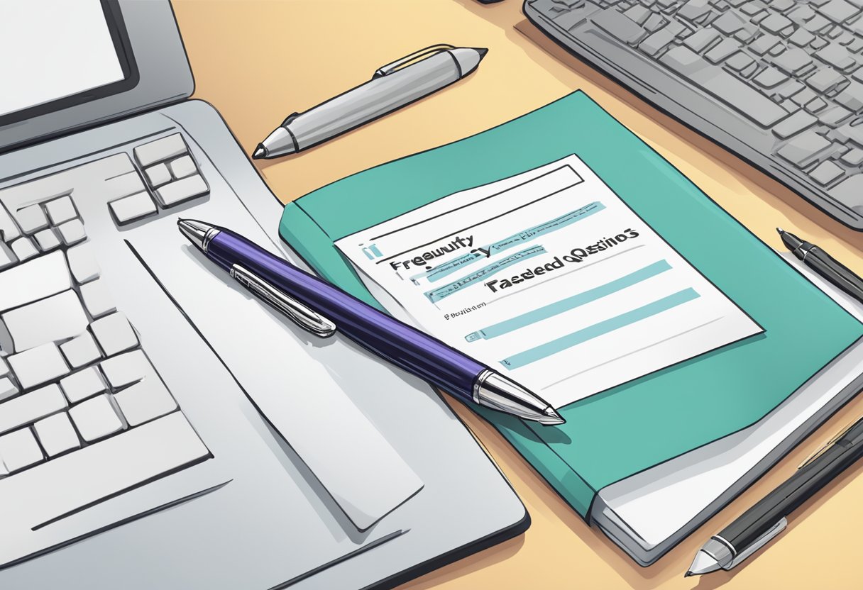 A corporate pen with "Frequently Asked Questions" printed on the side, sitting on a clean, modern desk with a computer and notepad nearby