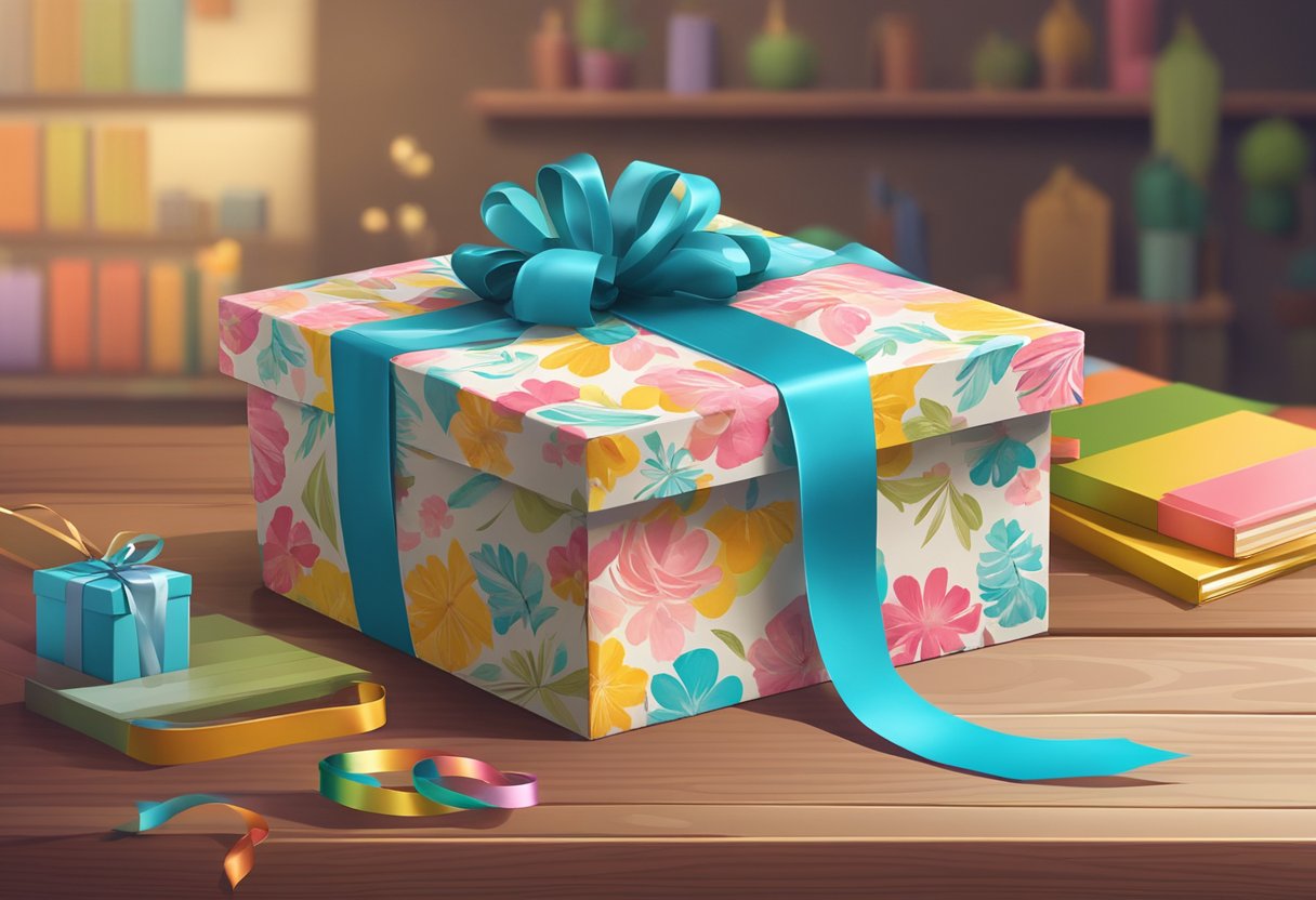A custom gift box sits on a wooden table, adorned with a colorful ribbon and a decorative tag. The box is filled with various items, peeking out from the top