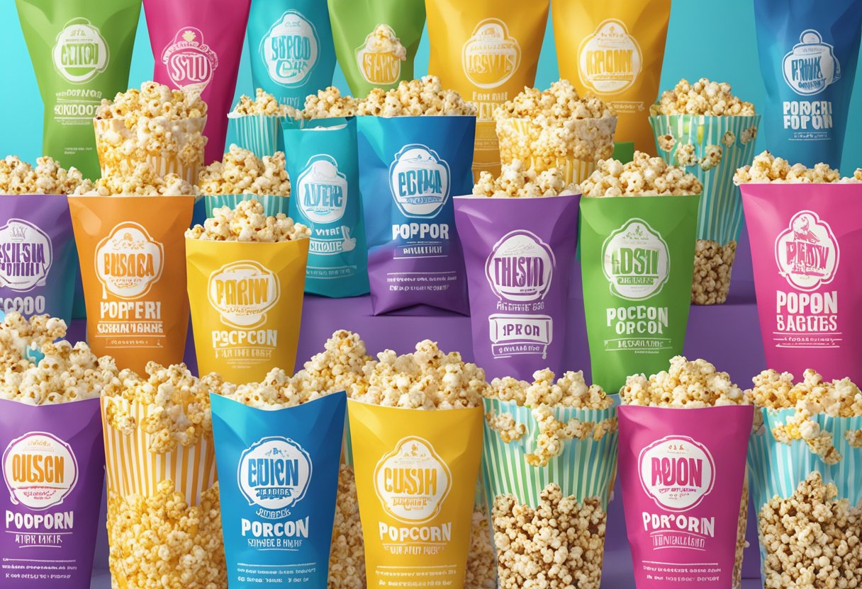 Custom popcorn bags displayed on a colorful table with various designs and logos