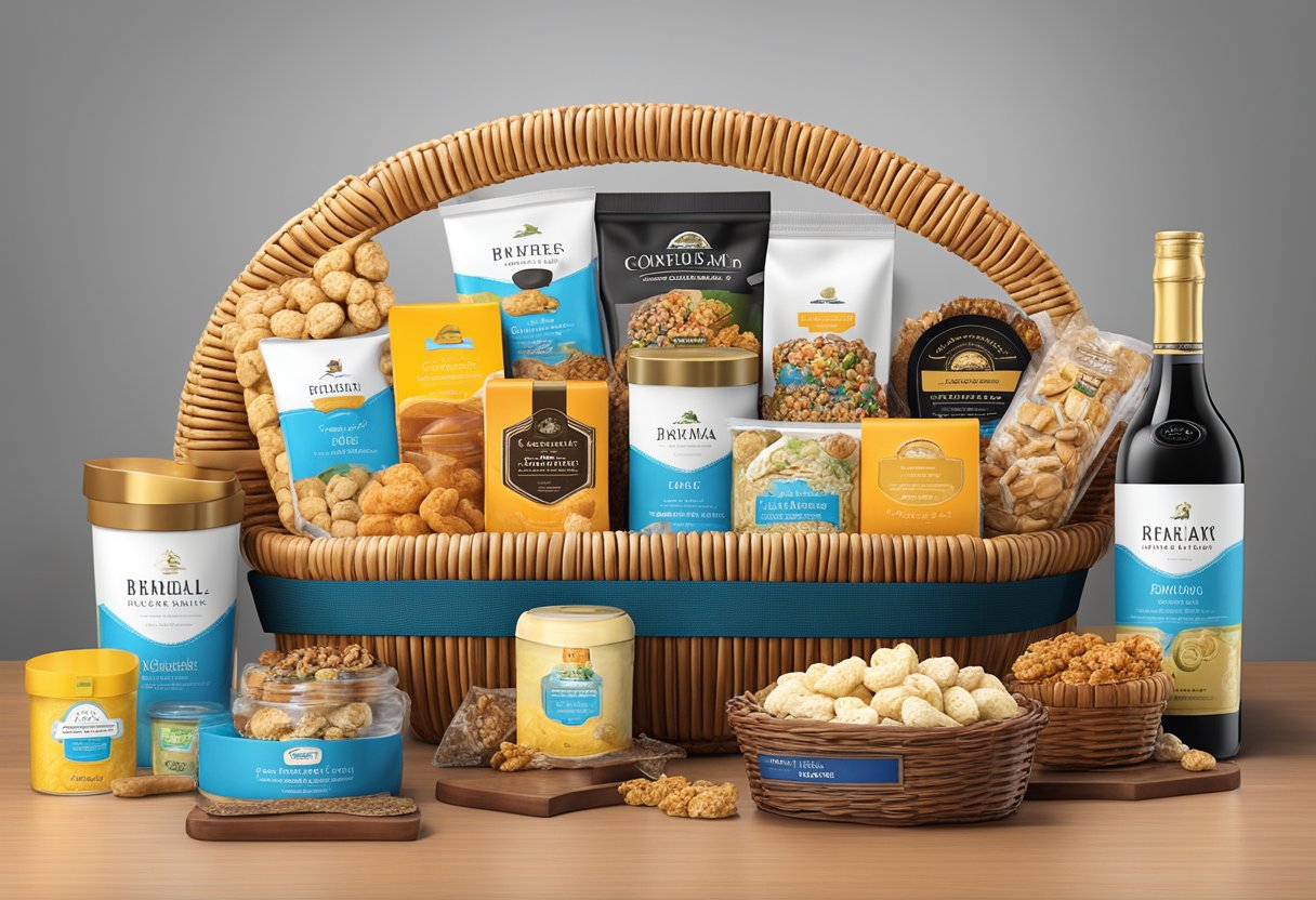 A table displays custom corporate gift baskets with branded items and gourmet treats