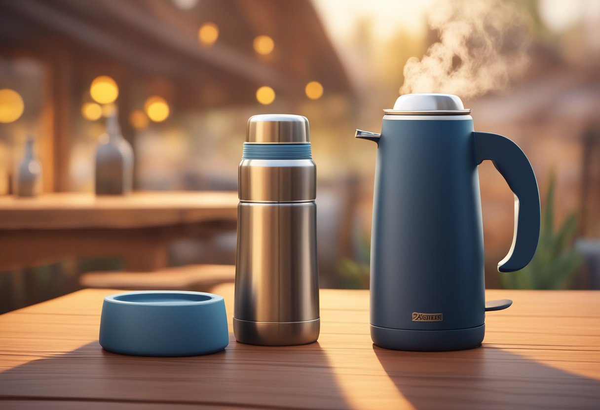 A custom thermos flask sitting on a wooden table with steam rising from the top, surrounded by a cozy atmosphere with a warm color palette
