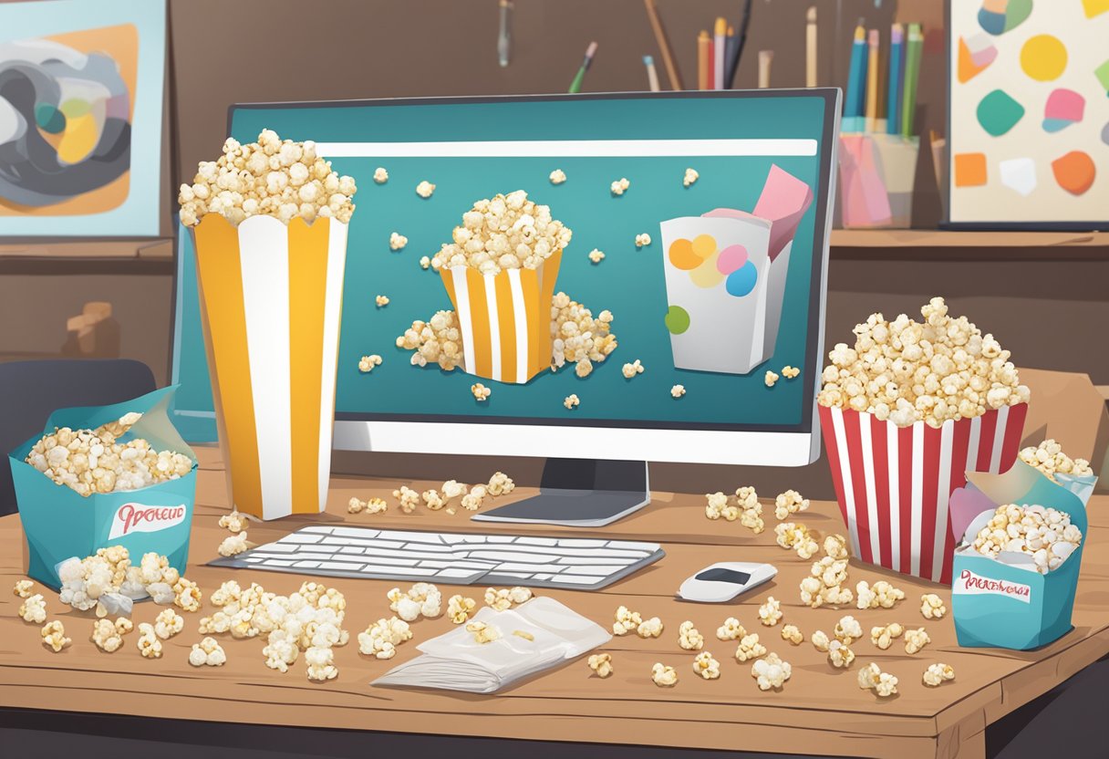 A table with various popcorn bag designs spread out, surrounded by art supplies and a computer with custom popcorn bag templates on the screen