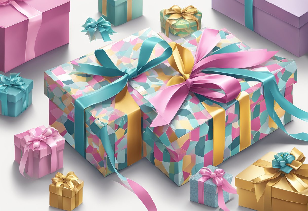 A custom gift box being designed with various patterns and colors, surrounded by decorative ribbons and bows