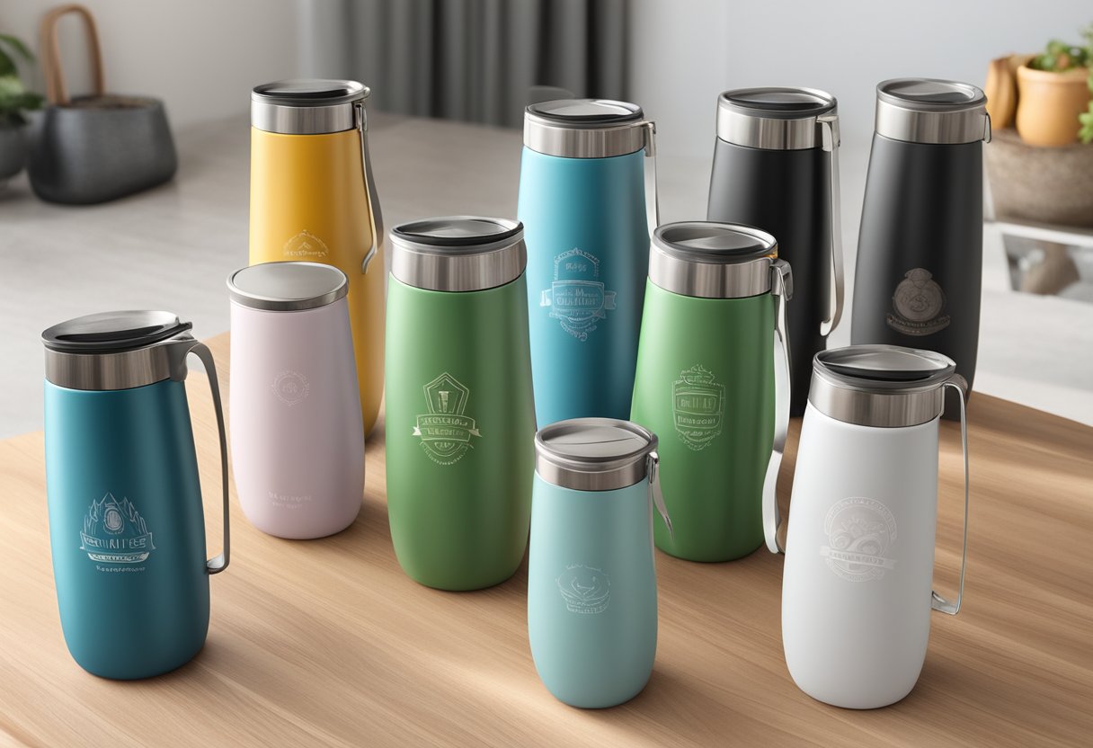 A custom thermos flask with various design options displayed on a clean, modern table with personalized engravings and color choices