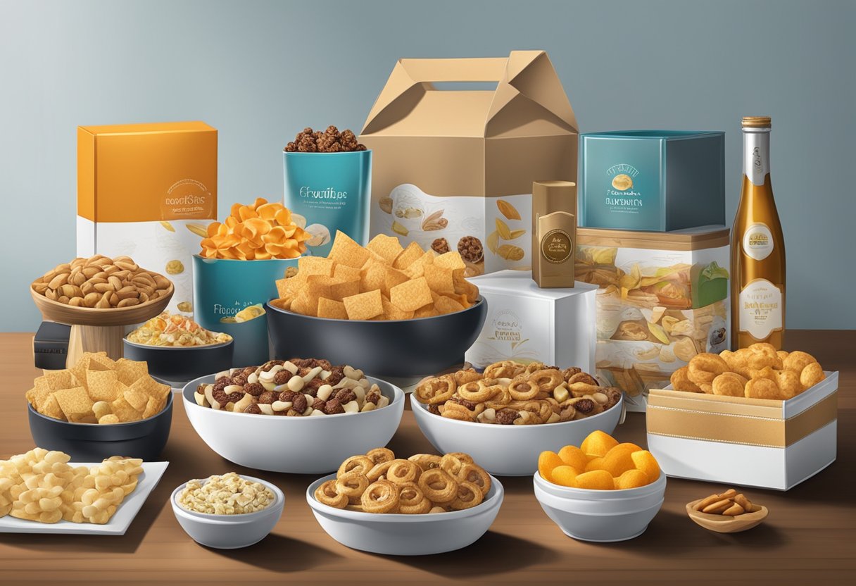 A table set with various items like gourmet snacks, branded merchandise, and elegant packaging for custom corporate gift baskets
