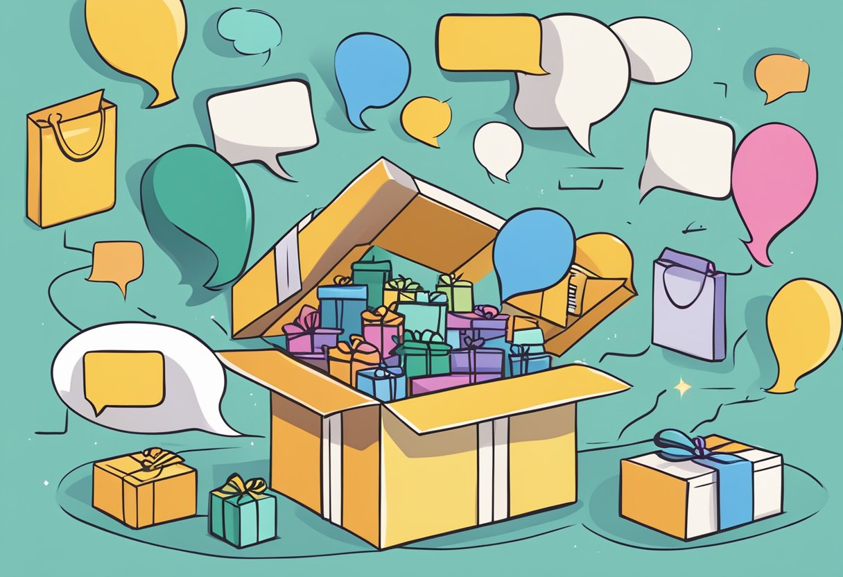 A custom gift box surrounded by various frequently asked questions in speech bubbles