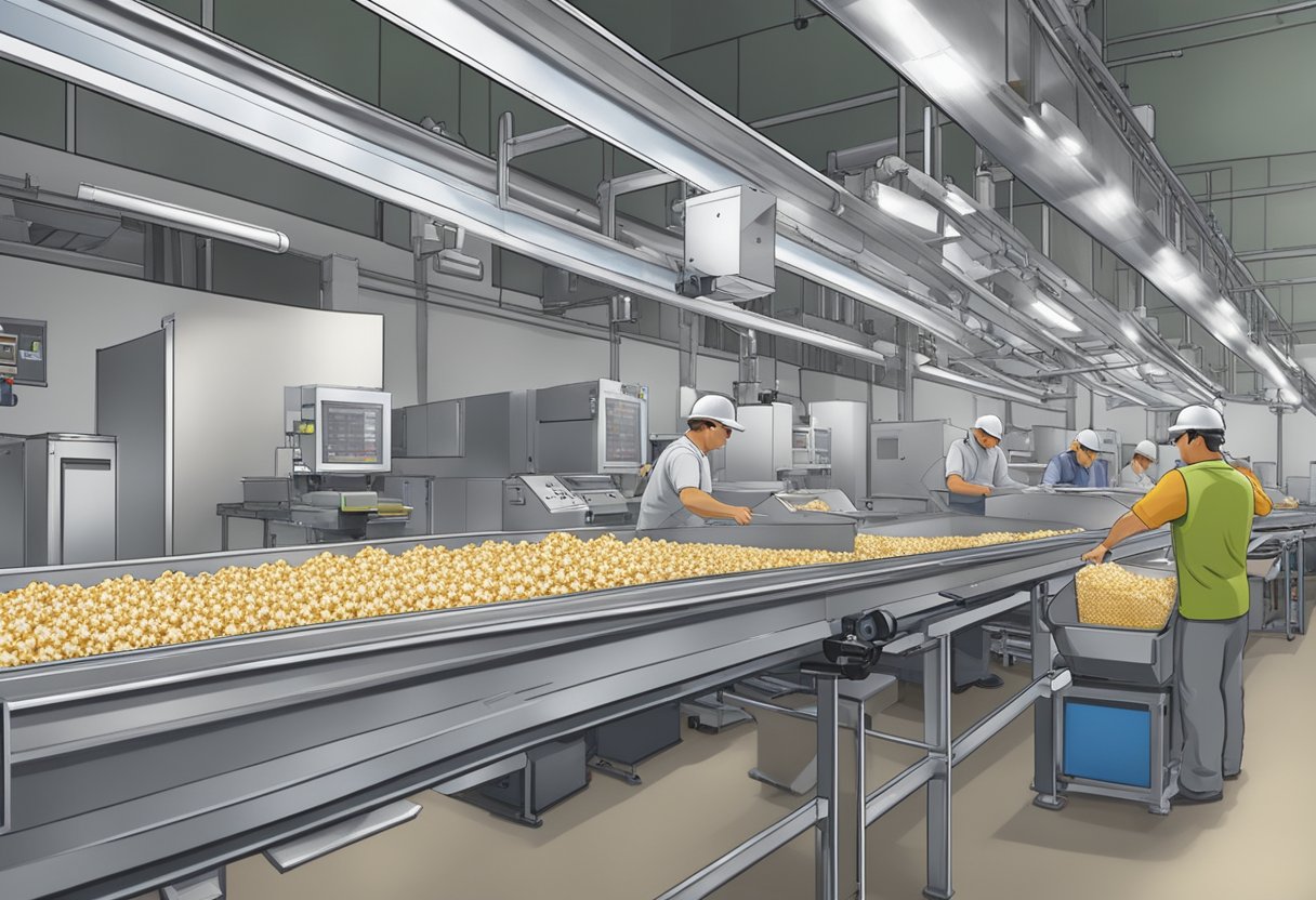 A conveyor belt moves custom popcorn bags through a factory. Workers package and label the bags while others input orders into a computer system